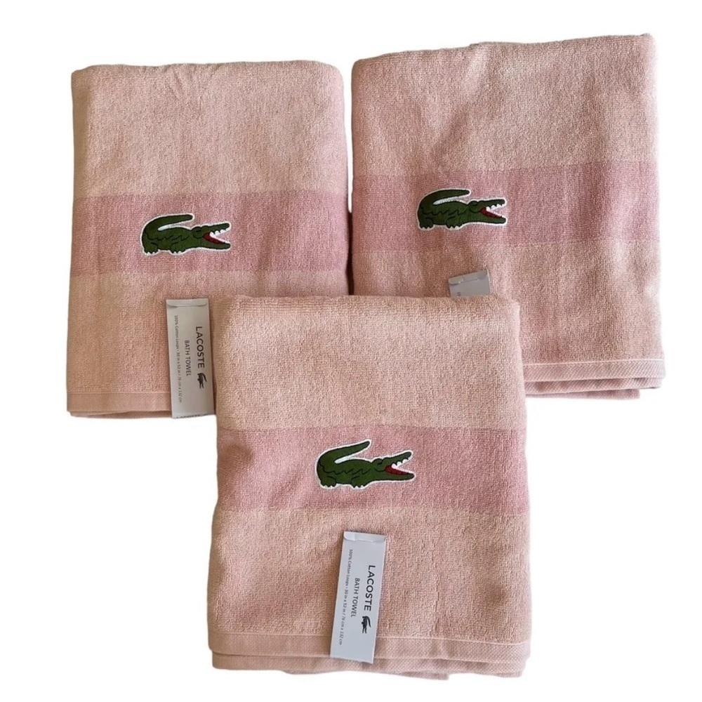 LACOSTE Lot of 3 Bath Towels Pink Large Crocodile 30x52 NWT